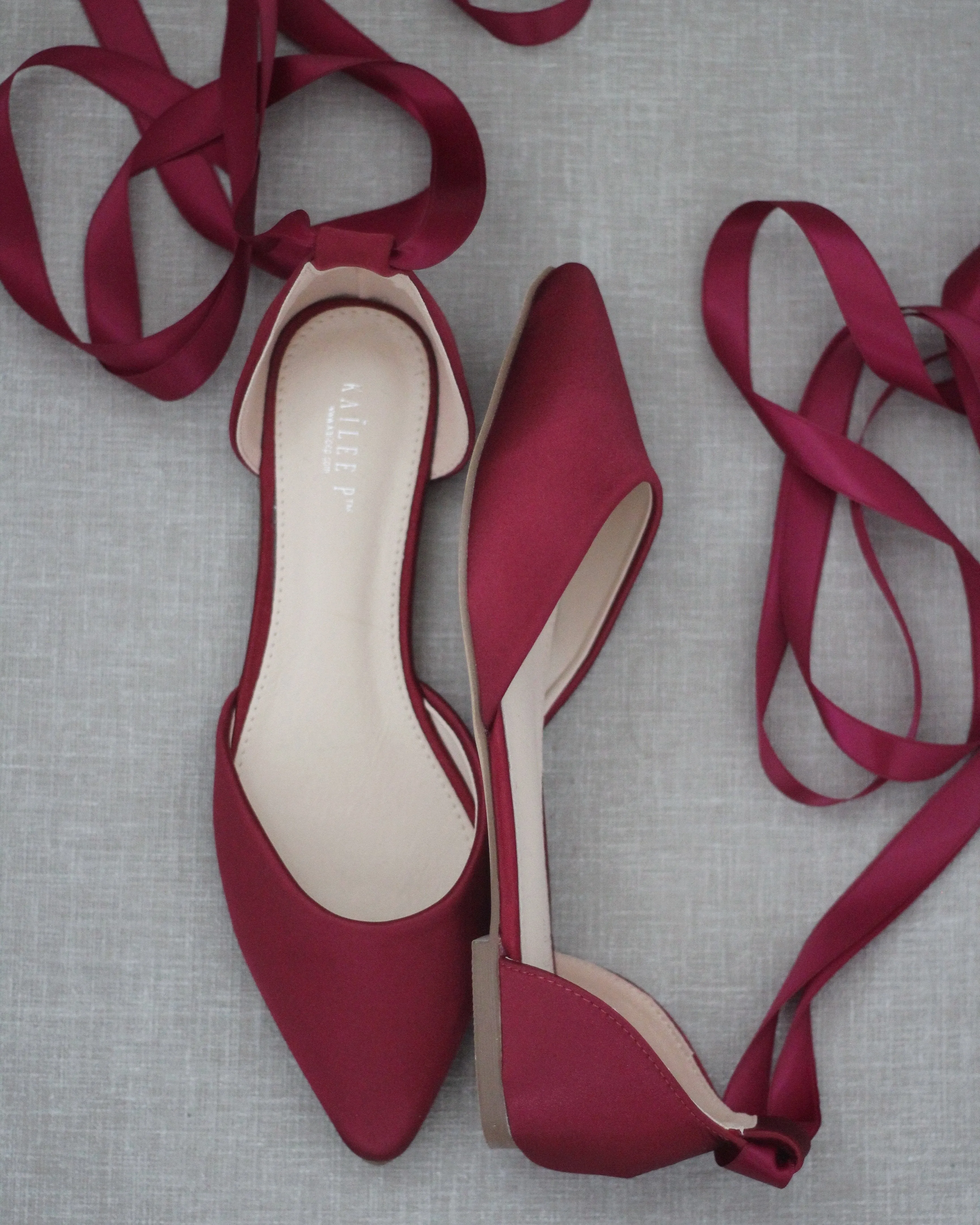 Burgundy Satin Pointy Toe Flats with Satin Ankle Tie or Ballerina Lace Up