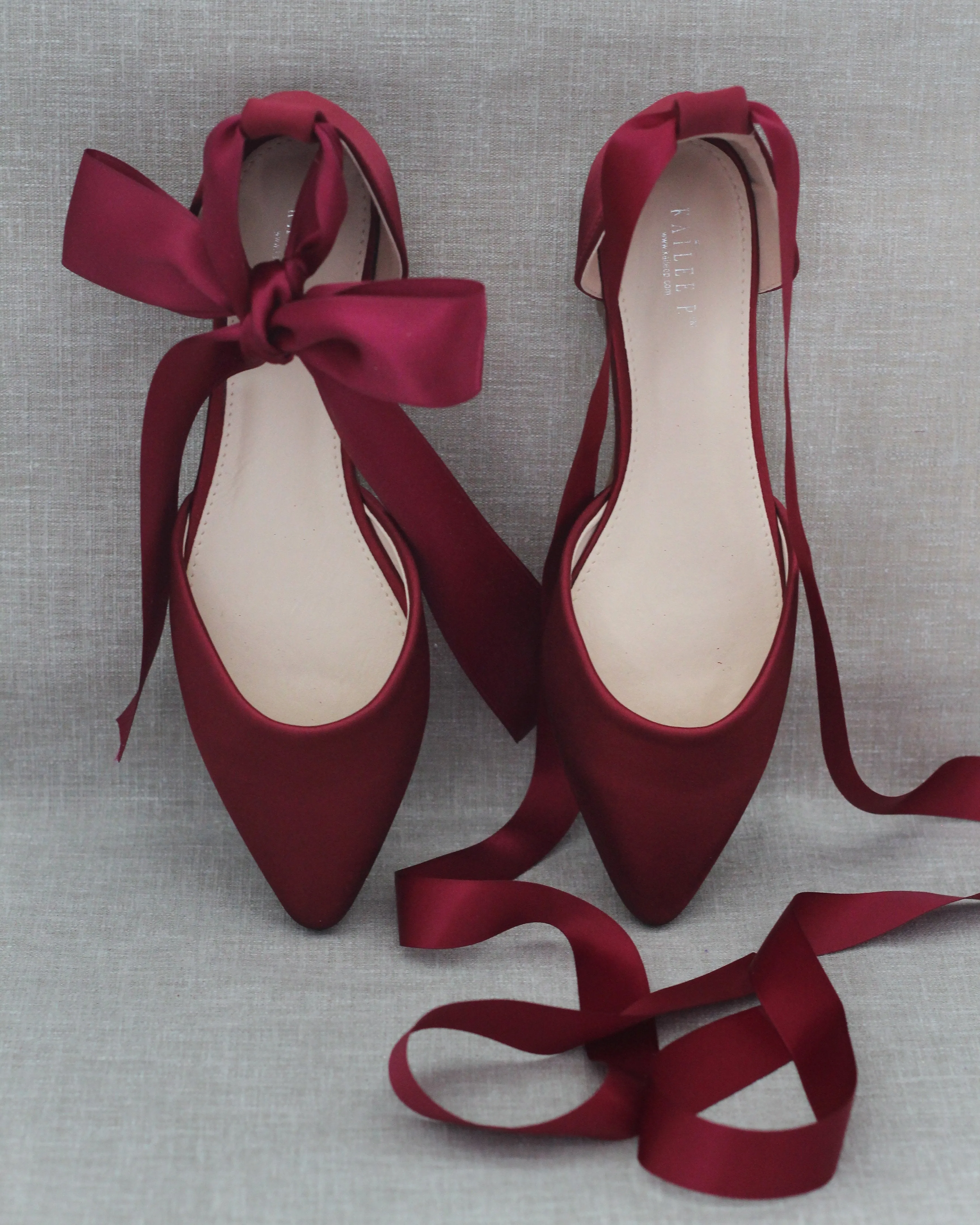 Burgundy Satin Pointy Toe Flats with Satin Ankle Tie or Ballerina Lace Up