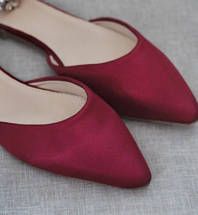 Burgundy Satin Pointy Toe Flats with Satin Ankle Tie or Ballerina Lace Up