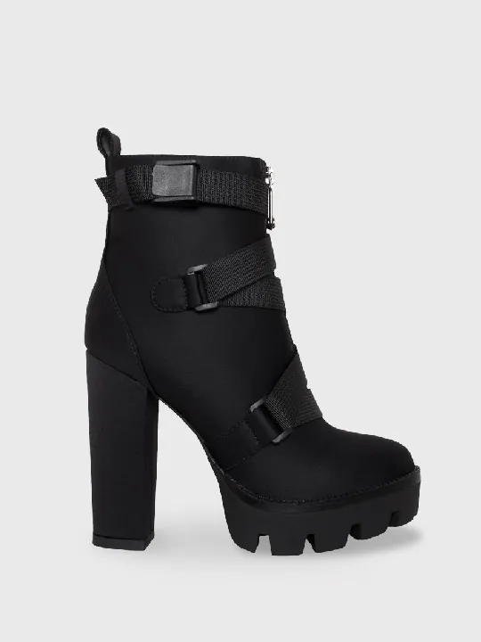 Solana Black Lycra Buckle Platform Ankle Boots